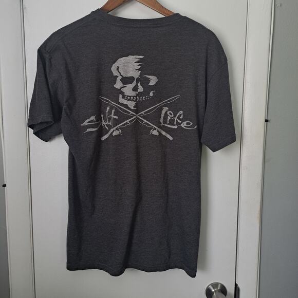 Salt Life Gray Skull Fishing Rod Pocket T-Shirt Men's Medium - Picture 2 of 4
